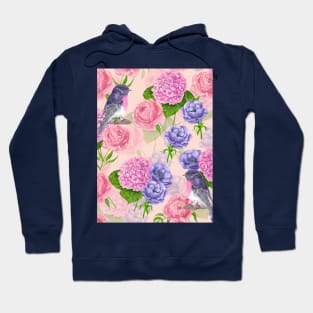 Robin and flowers, watercolor pattern Hoodie